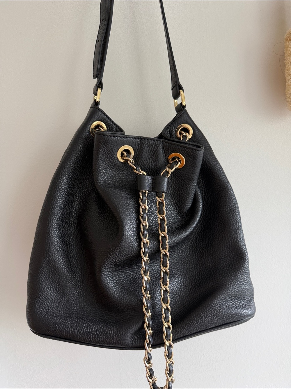 Michael Kors Black Leather Gold Chain Drawstring Bucket Bag